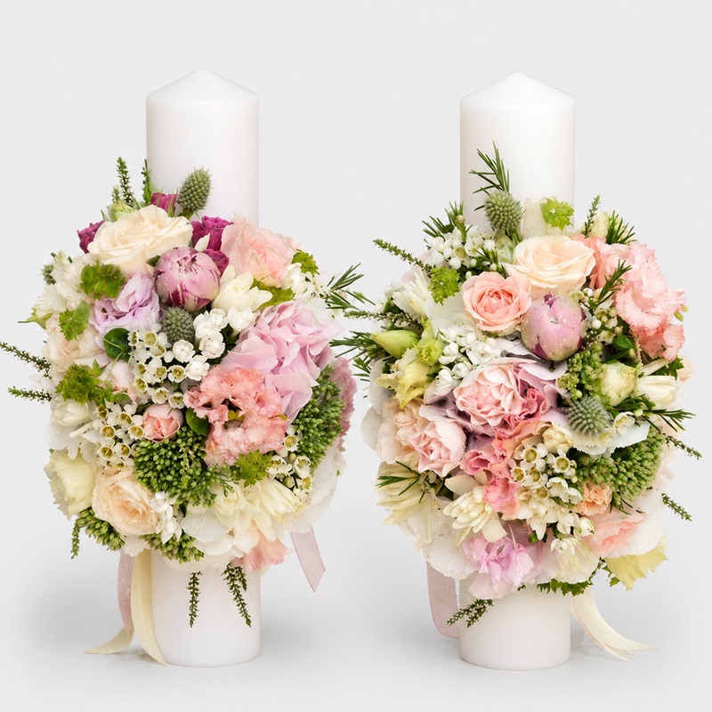Set lumanari nunta pastel cu hortensii si miniroze