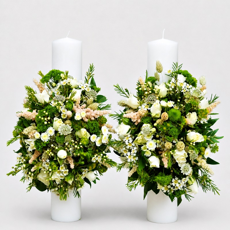 Lumanari cununie pastel cu miniroze si astilbe