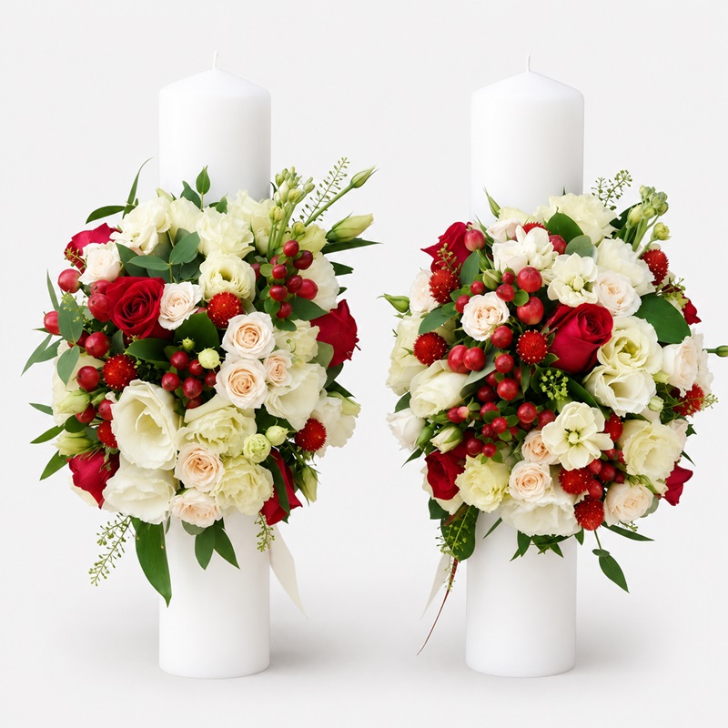 Lumanari nunta cu trandafiri rosii si lisianthus crem