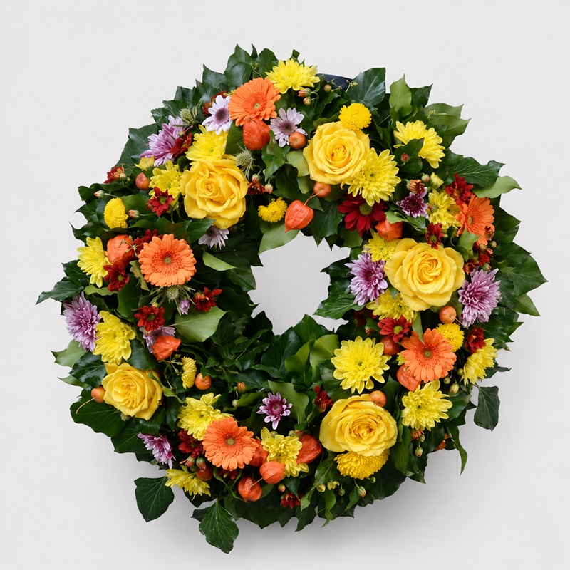 Coroana funerara cu trandafiri galbeni si gerbera orange