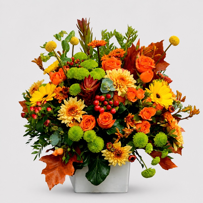 Aranjament floral cu miniroze, gerbera si crizanteme Toamna vibranta