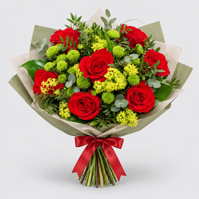 Buchet cadou cu trandafiri rosii si santini
