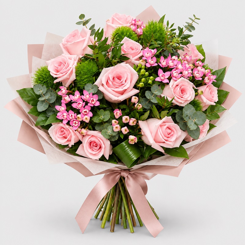Buchet cadou cu trandafiri roz si bouvardia