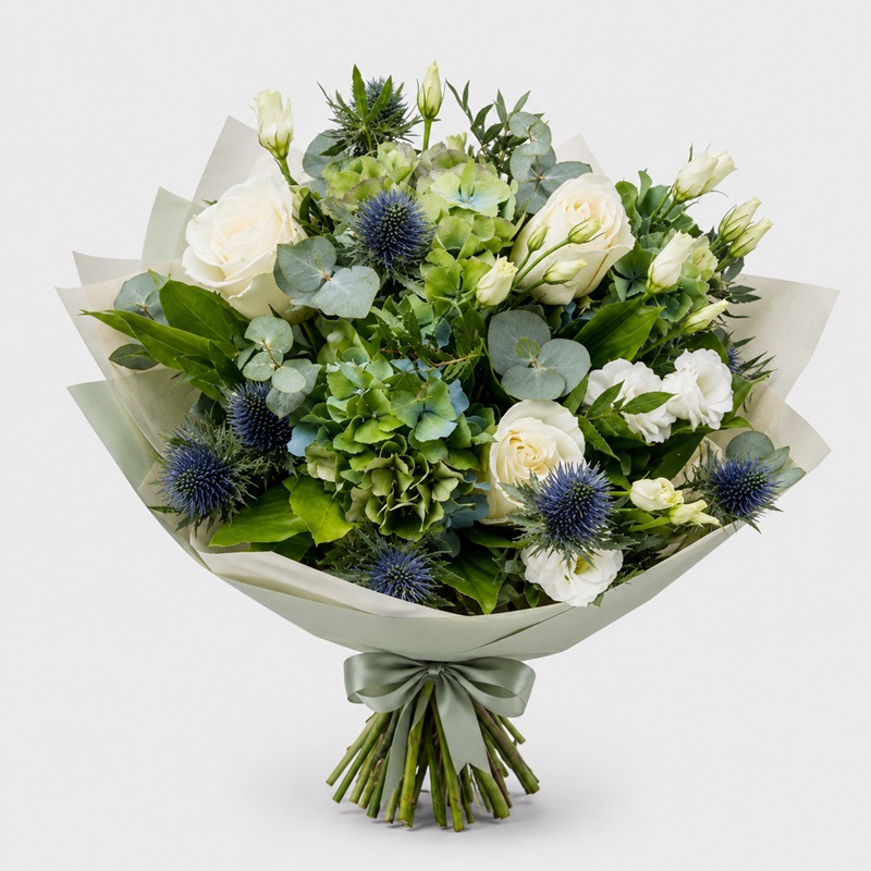 Buchet cadou cu trandafiri albi si hortensie verde