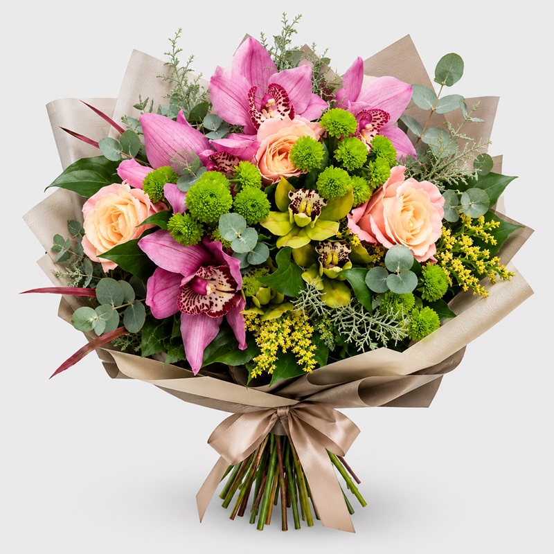 Buchet cadou cu trandafiri somon si orhidee