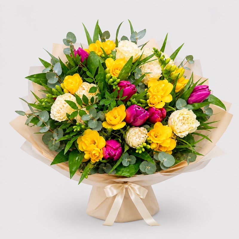 Buchet frezii, lalele si miniroze - Pastel de Vara -