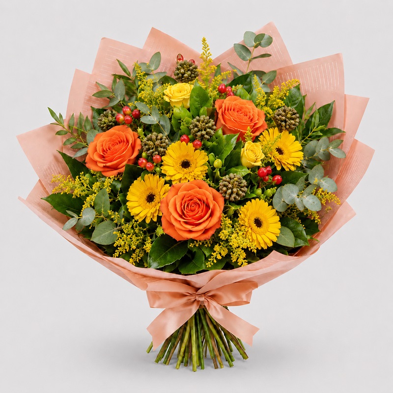 Buchet cu trandafiri si gerbera "Soare Portocaliu"