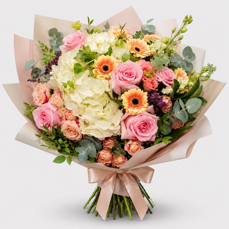 Buchet cadou cu trandafiri si hortensii Sweet Delight