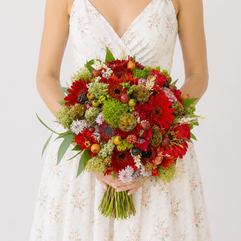 Buchet mireasa cu flori de camp si spice de grau