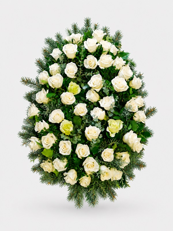 coroana funerara cu trandafiri albi