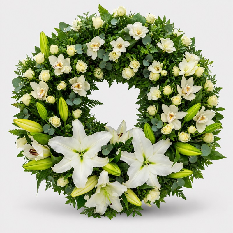 Coroana funerara rotunda cu crini si frezii