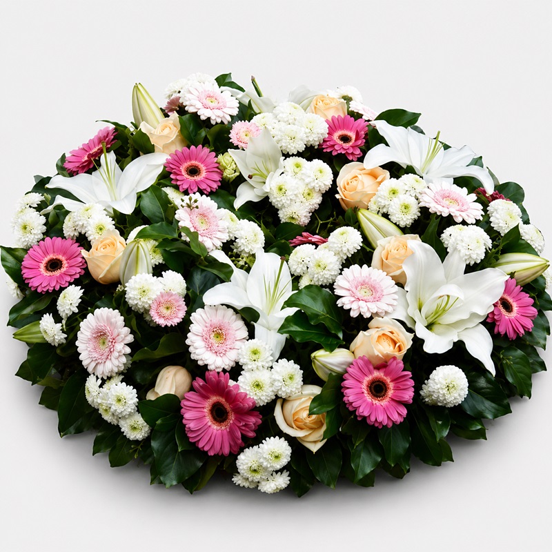 Coroana funerara rotunda cu gerbera si crini