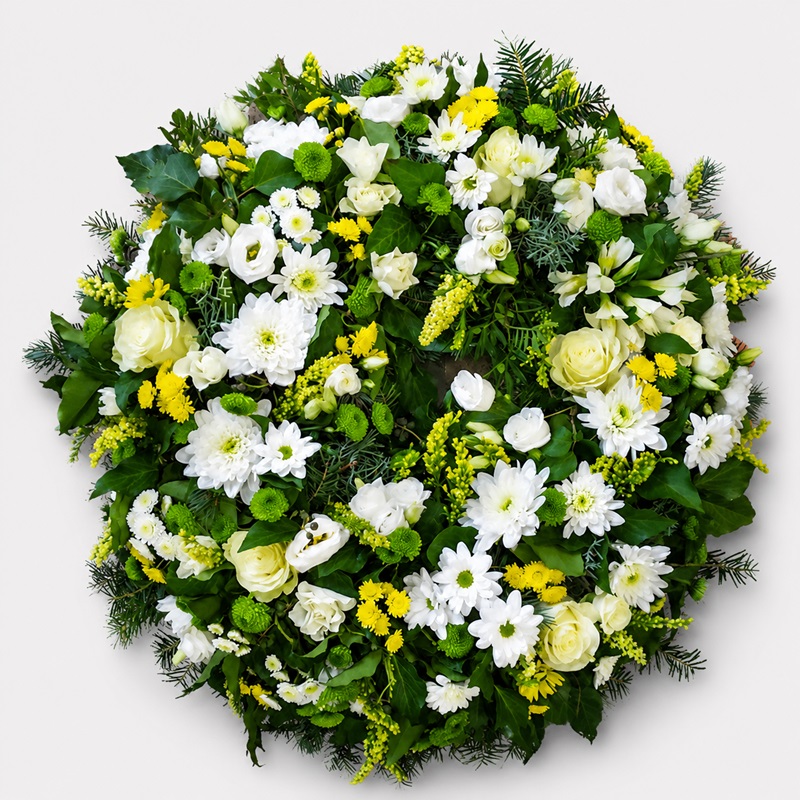 Coroana funerara rotunda cu trandafiri, crizanteme si lisianthus