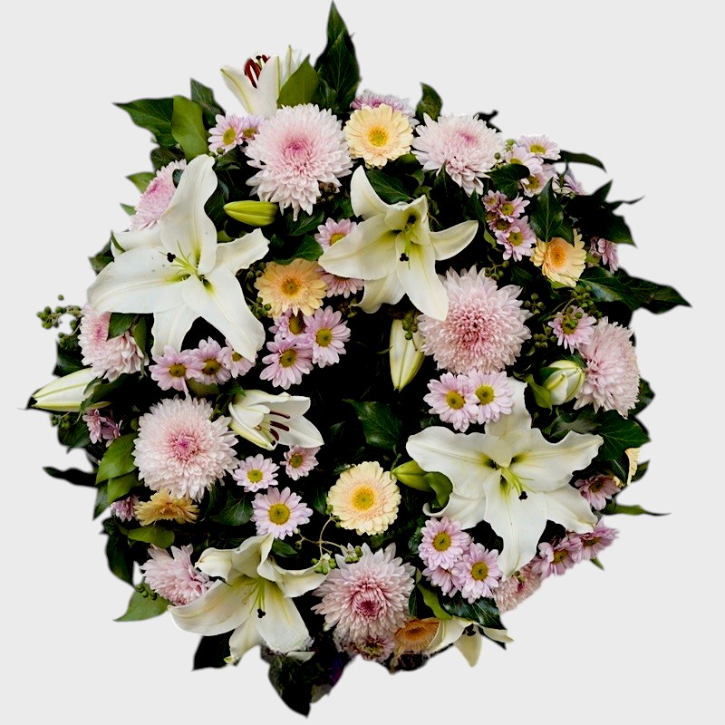 Coroana funerara rotunda pastel cu crini, gerbera si crizanteme