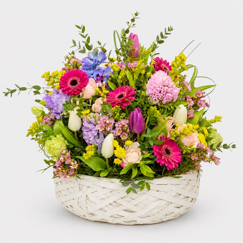 Aranjament floral in cos cu lalele si zambile Primavara Roz