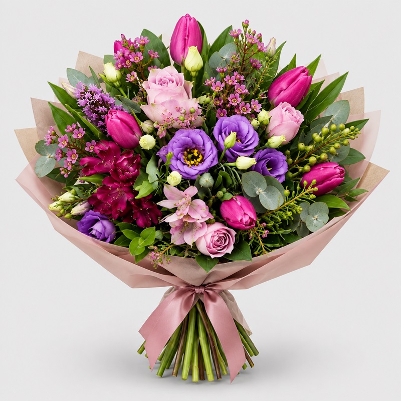 Buchet cadou cu trandafiri si lalele mov Purple Mood