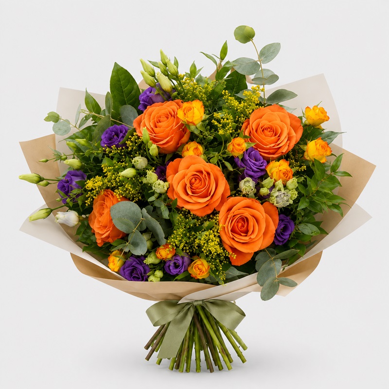 Buchet cadou cu trandafiri si miniroze Sweet Orange