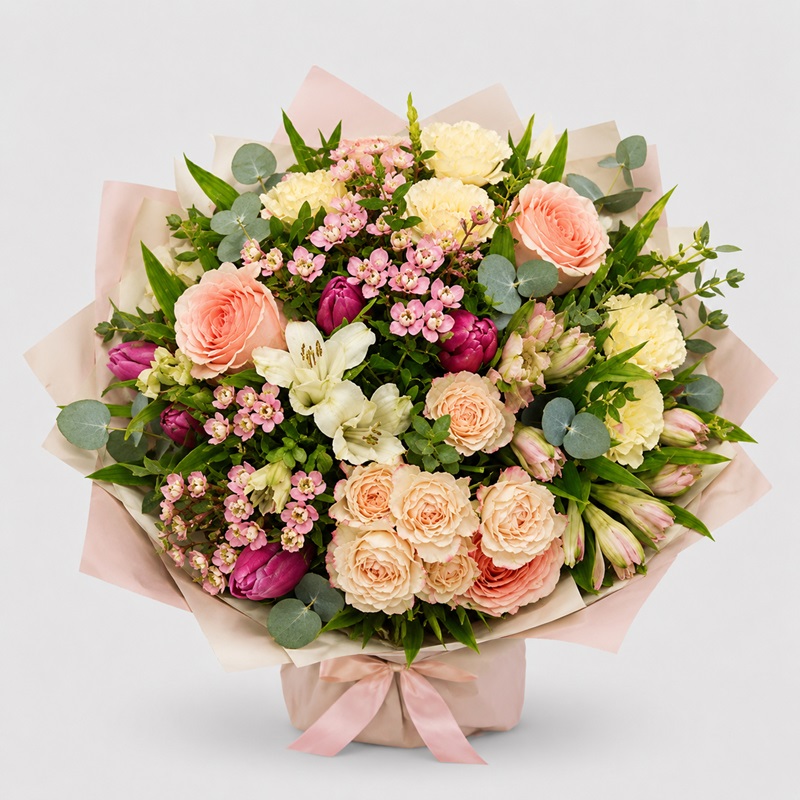 Buchet cu trandafiri, lalele si miniroze "Sweet Pink"
