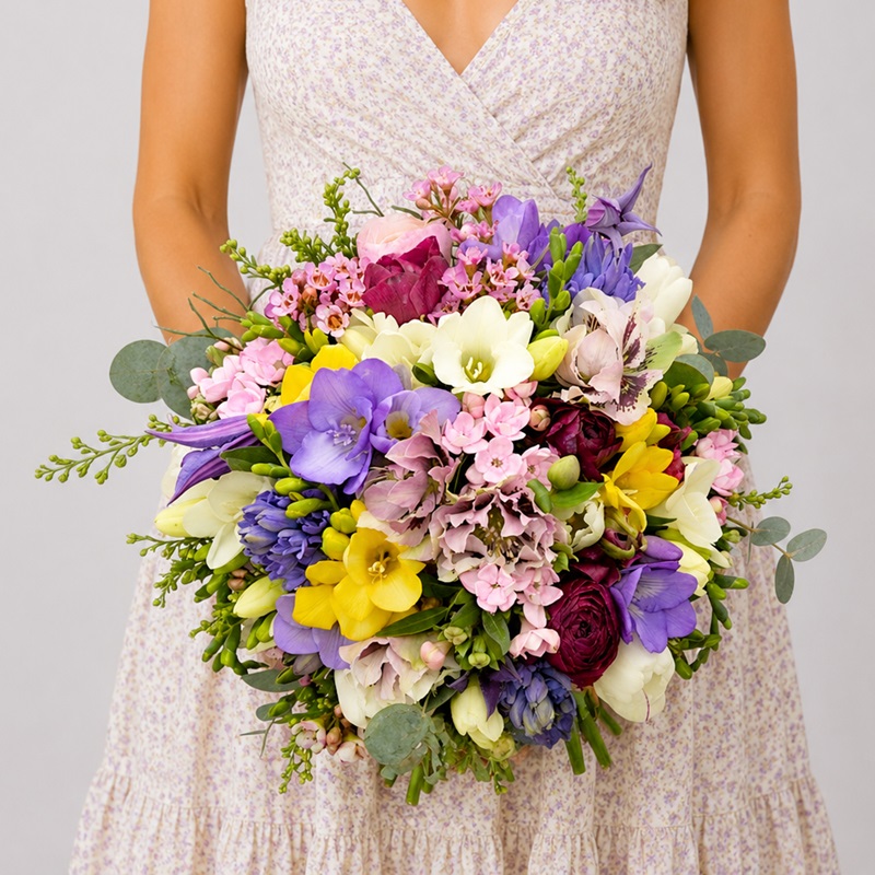 Buchet cununie civila colorat cu frezii, lalele si ranunculus