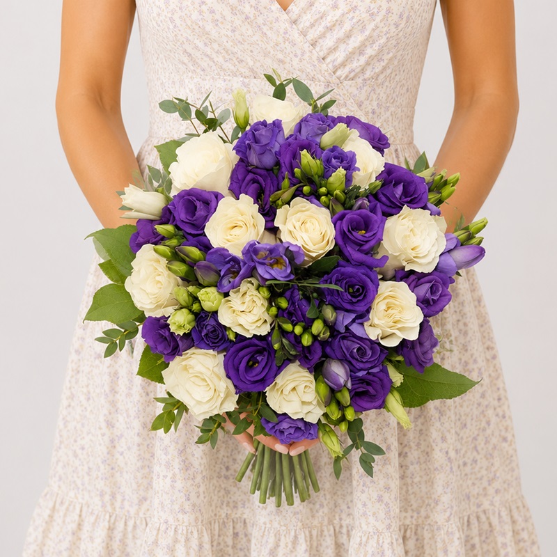 Buchet cununie cu trandafiri albi, lisianthus mov Sweet Purple