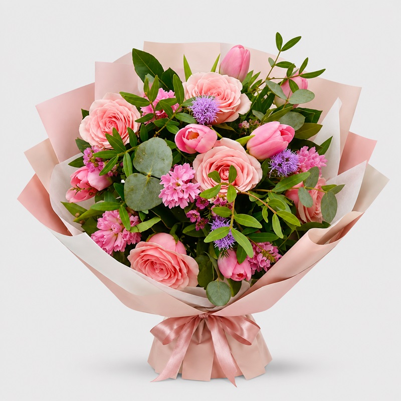 Buchet de flori trandafiri si zambile Roz Insorit