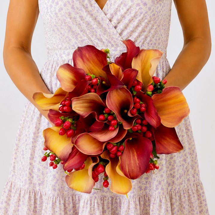 Buchet mireasa cu cale mango si hypericum