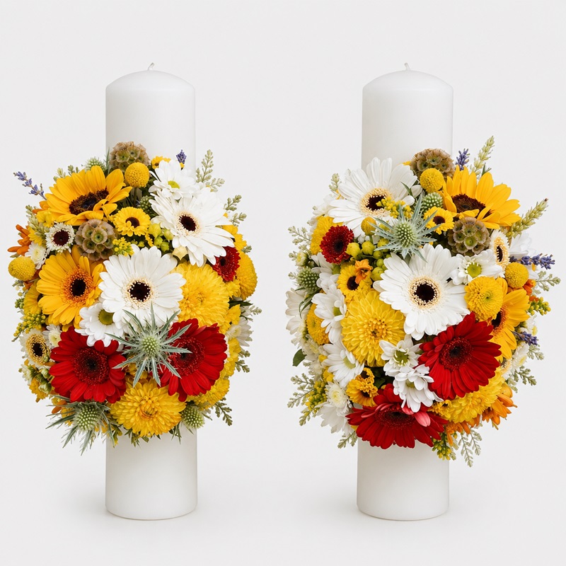 Set lumanari cununie tematica rustica cu floarea soarelui si gerbera