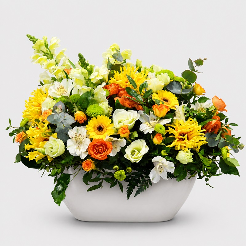 Aranjament floral cu gerbera si crizanteme Yellow Orange
