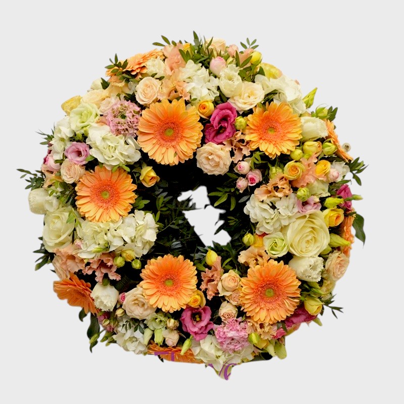 Coroana funerara rotunda cu gerbera si trandafiri