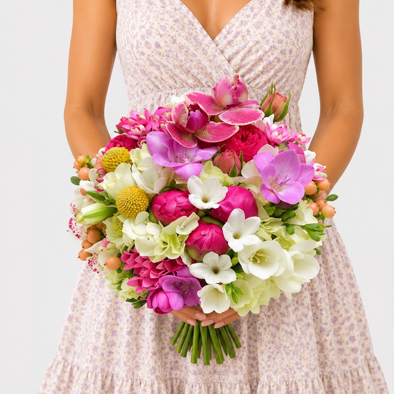 Buchet de mireasa cu bujori, frezii si ohidee Sweet Delight