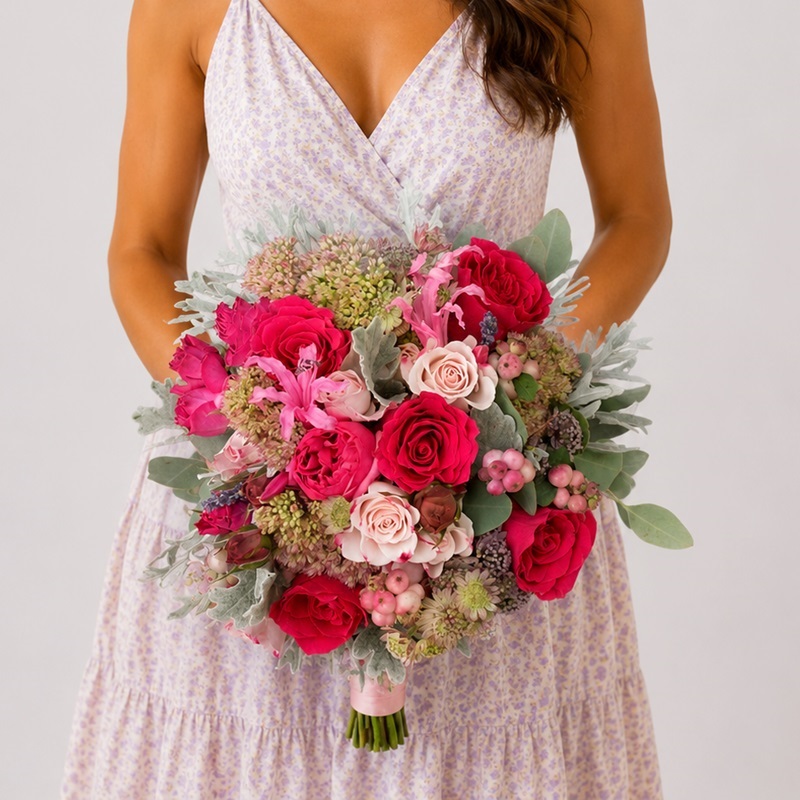 Buchet de mireasa cu trandafiri fuchsia si miniroze Miruna