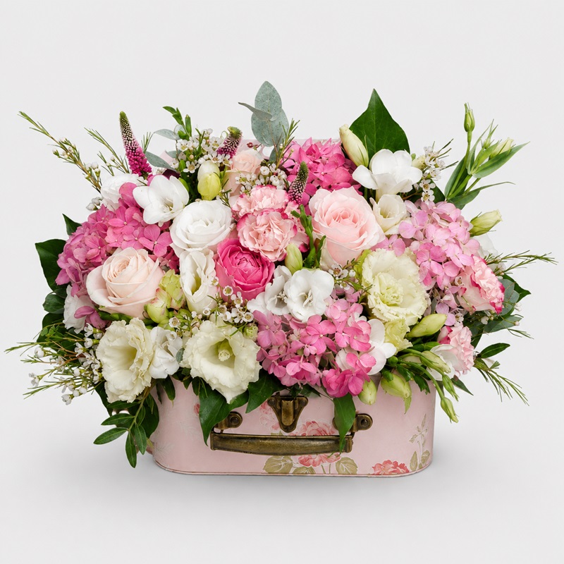 Aranjament floral cu trandafiri si frezii Perfectiunea Pastelului