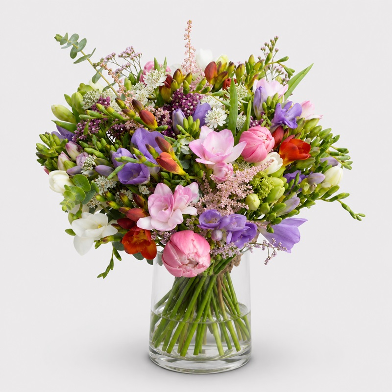 buchet cadou cu lalele si frezii Blushing Purple
