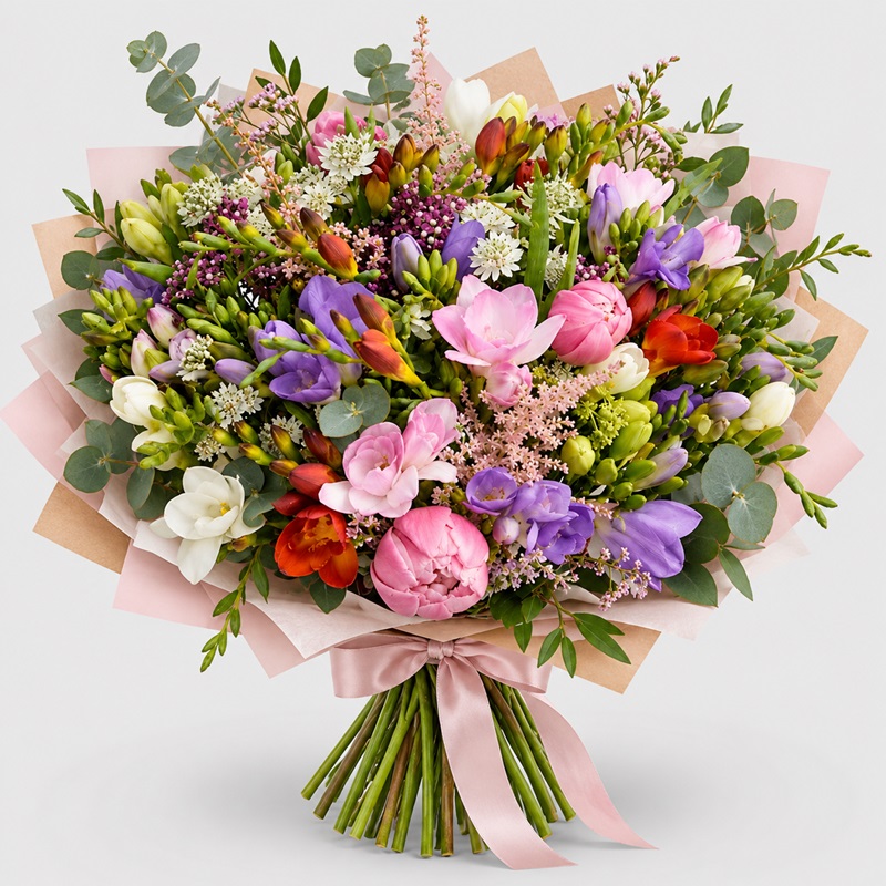 Buchet cadou cu lalele si frezii Blushing Purple
