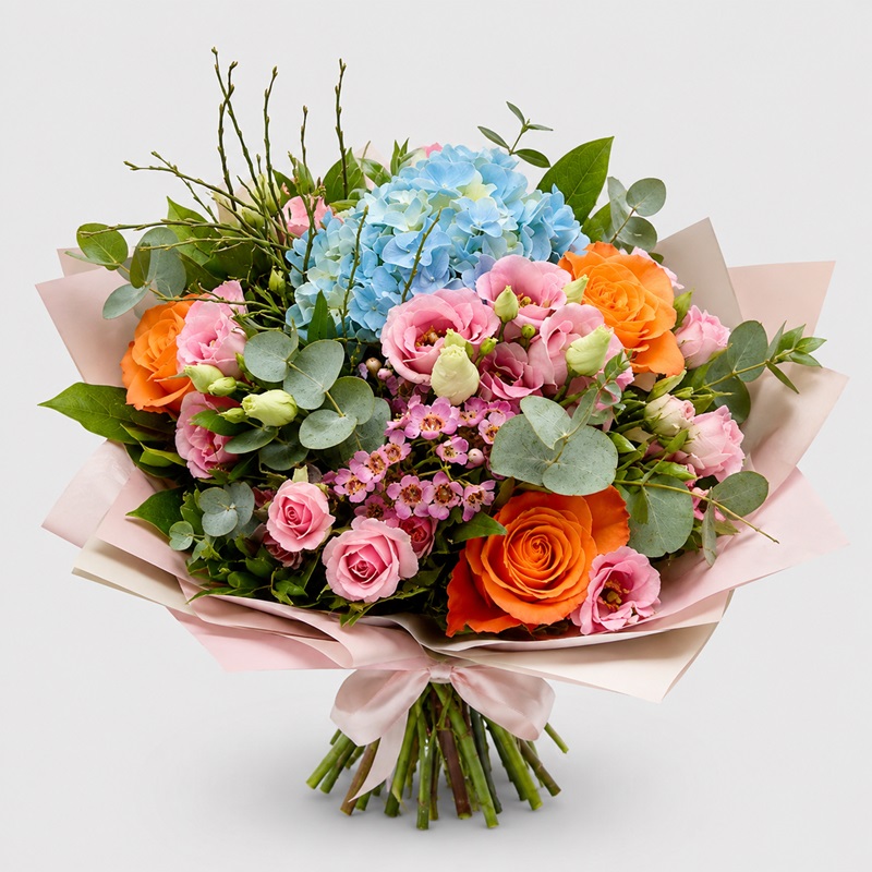 Buchet cadou cu trandafiri orange si hortensie bleu Andra
