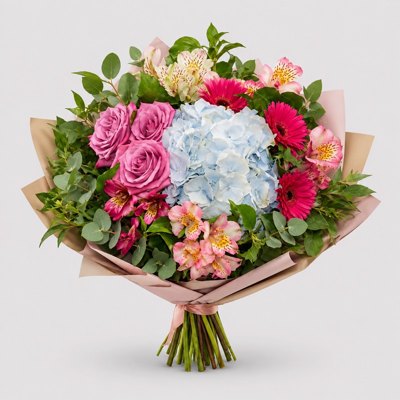 Buchet cadou cu hortensii bleu si trandafiri mov pentru Andreea