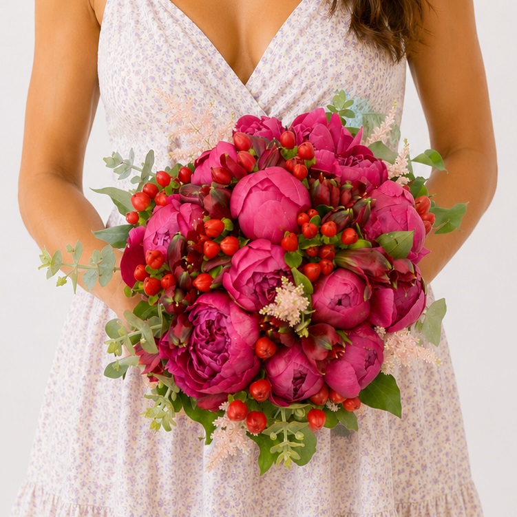Buchet de mireasa cu bujori fuchsia Bianca