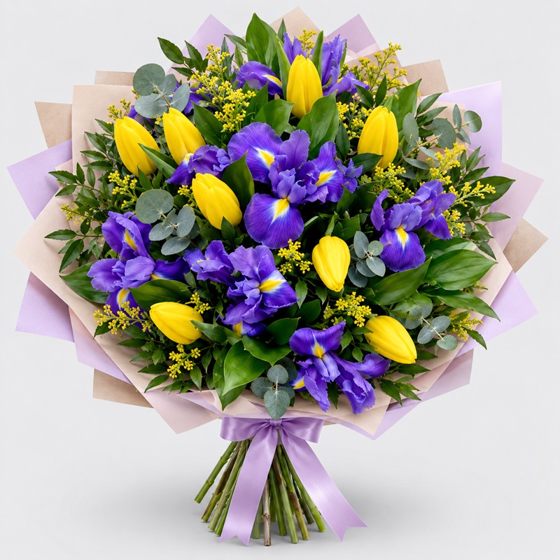 Buchet cu lalele galbene si irisi Stele Aurii