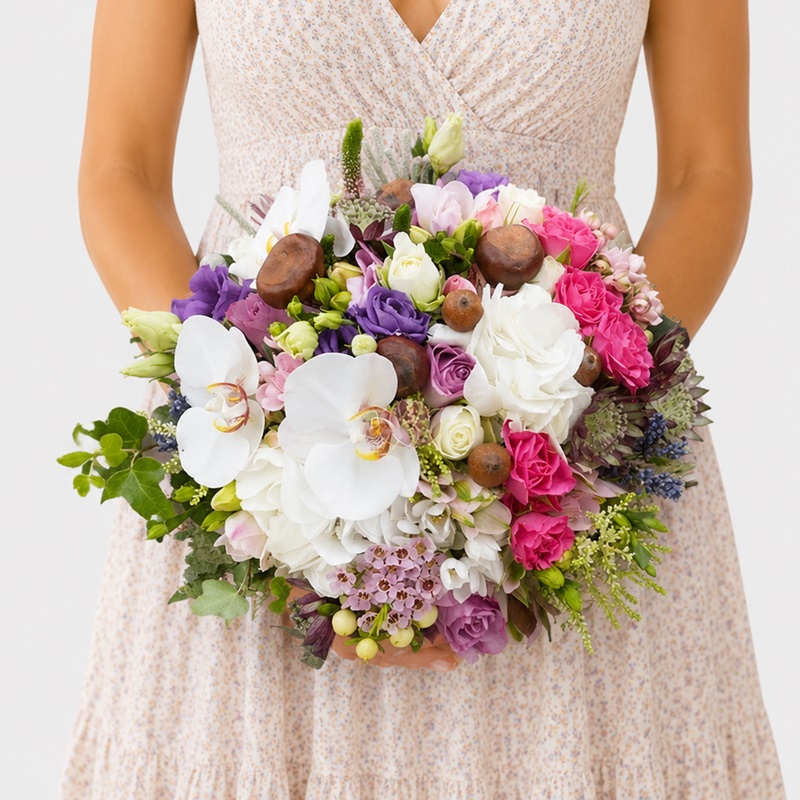 Buchet de mireasa cu miniroze fuchsia, orhidee si hortensii albe Raluca