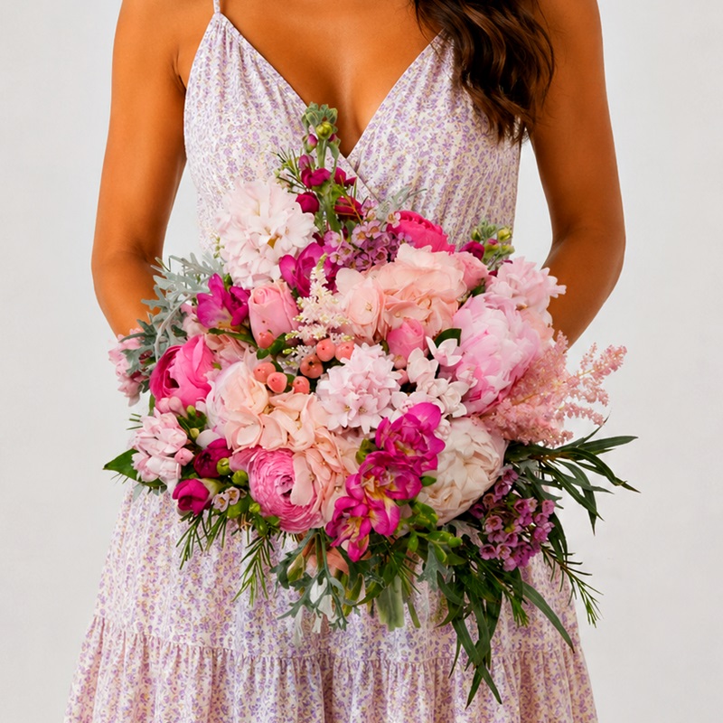 Buchet mireasa cu hortensii, bujori si ranunculus roz Elena