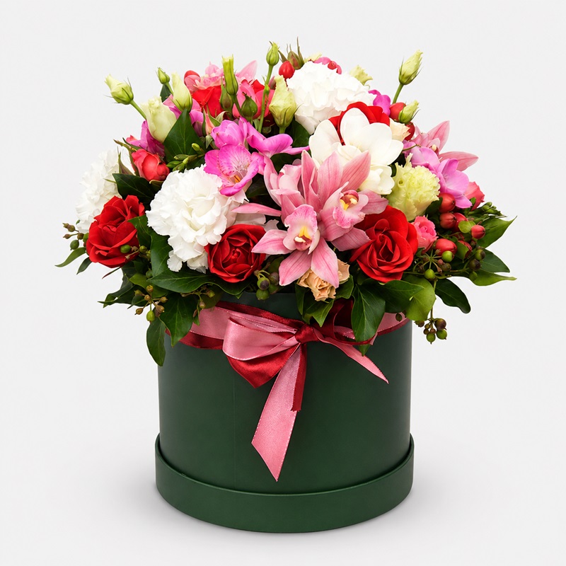Aranjament floral in cutie cu frezii si orhidee Primavara Intensa