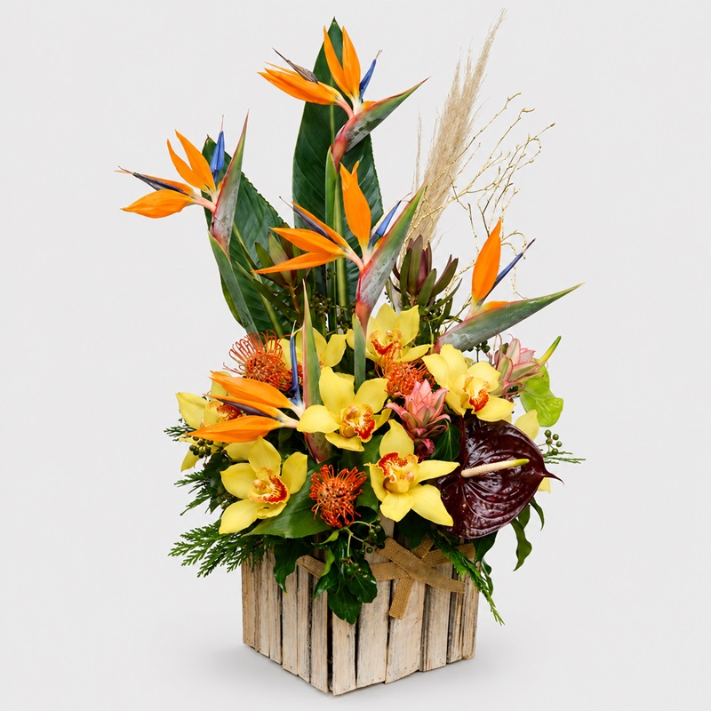 Aranjament spectaculos cu strelitzia si orhidee cymbidium