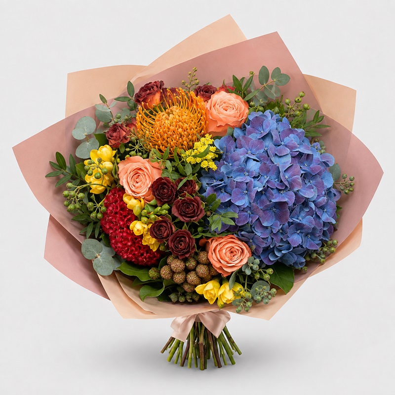 Buchet cu trandafiri somon si Hortensie Mov