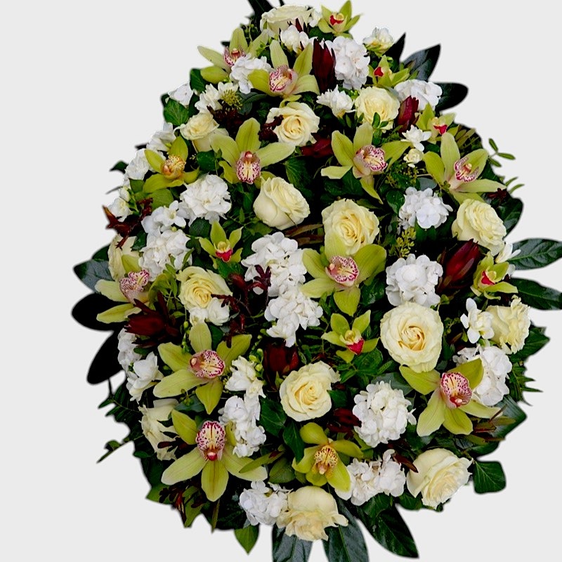 Coroana funerara cu trandafiri hortensii si orhidee cymbidium