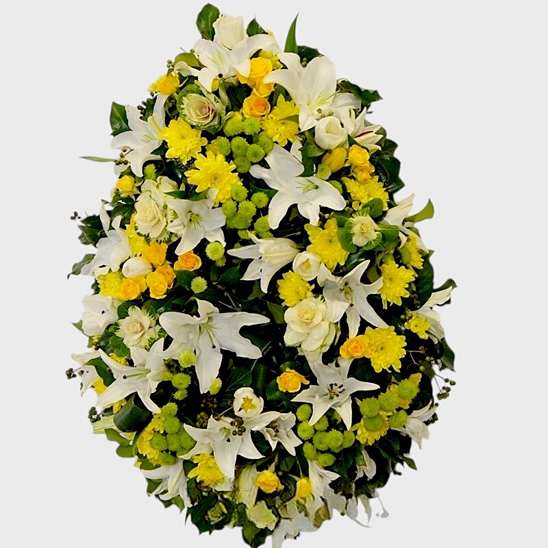 Coroana funerara cu flori albe si galbene