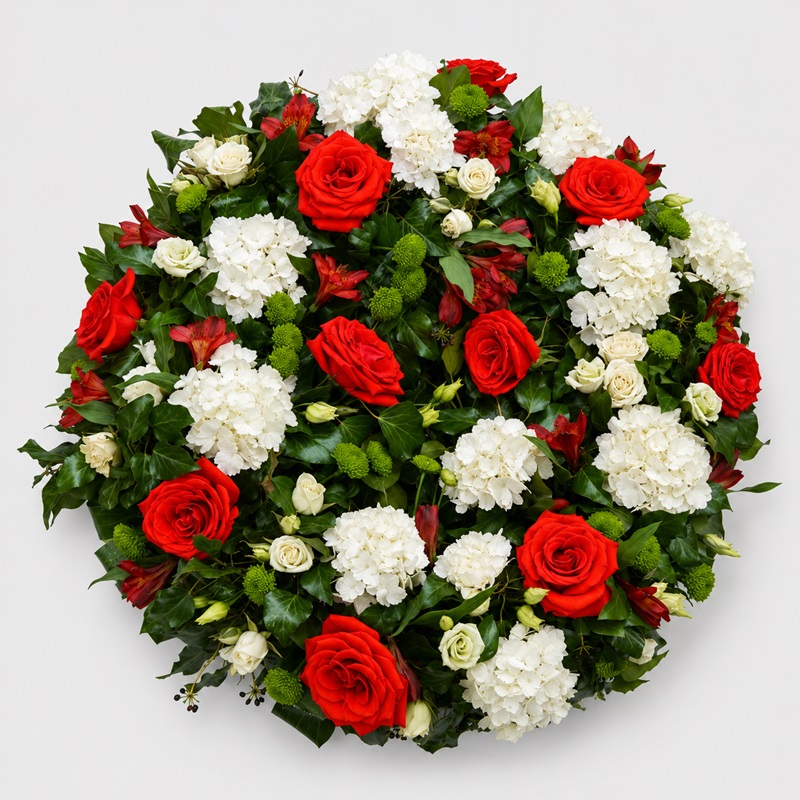 Coroana funerara cu trandafiri orange si hortensii albe