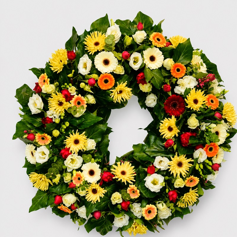 Coroana funerara rotunda cu gerbera si lisianthus