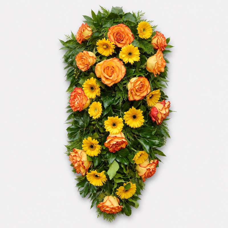 Jerba funerara cu gerbera galbena si trandafiri orange