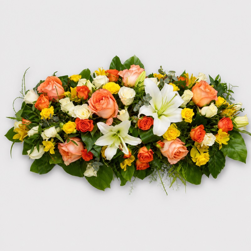 Aranjament  funerar cu crini si miniroze galbene si orange