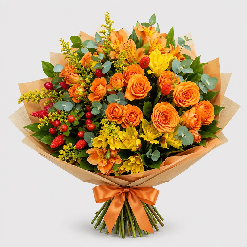 Buchet cadou cu miniroze orange si frezii galbene